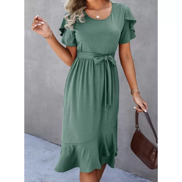 Dokotoo Womens 2023 Summer Dresses Casual Wrap Crew Neck Short Sleeve Belt A-Line Ruffle Hem Bohemian Midi Dress