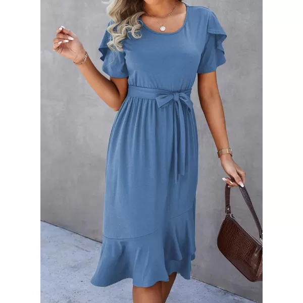 Dokotoo Womens 2023 Summer Dresses Casual Wrap Crew Neck Short Sleeve Belt A-Line Ruffle Hem Bohemian Midi Dress