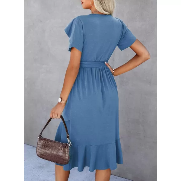 Dokotoo Womens 2023 Summer Dresses Casual Wrap Crew Neck Short Sleeve Belt A-Line Ruffle Hem Bohemian Midi Dress