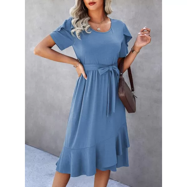 Dokotoo Womens 2023 Summer Dresses Casual Wrap Crew Neck Short Sleeve Belt A-Line Ruffle Hem Bohemian Midi Dress