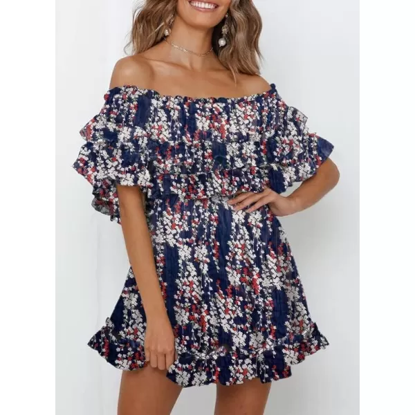 Dokotoo Womens 2023 Summer Floral Print Off The Shoulder Elastic Waist Boho Mini Dresses