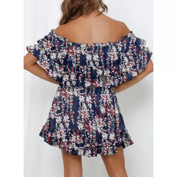 Dokotoo Womens 2023 Summer Floral Print Off The Shoulder Elastic Waist Boho Mini Dresses