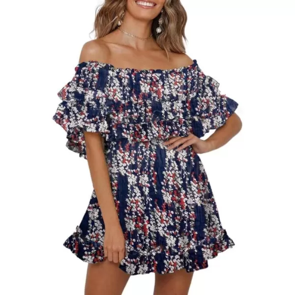 Dokotoo Womens 2023 Summer Floral Print Off The Shoulder Elastic Waist Boho Mini Dresses