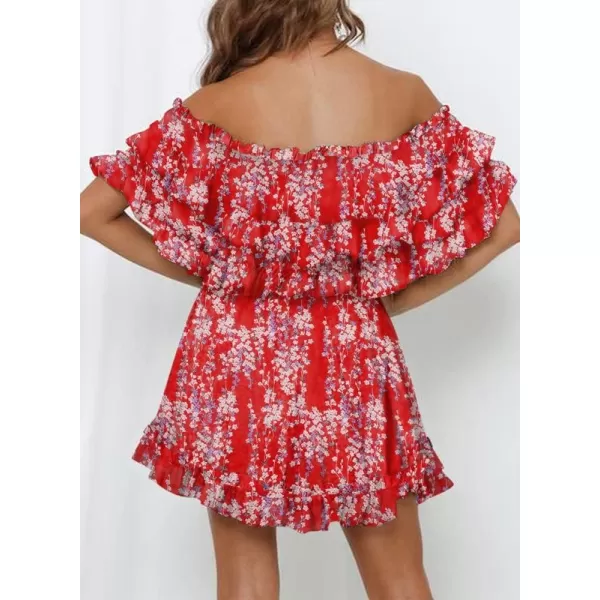 Dokotoo Womens 2023 Summer Floral Print Off The Shoulder Elastic Waist Boho Mini Dresses