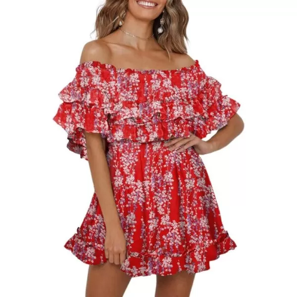 Dokotoo Womens 2023 Summer Floral Print Off The Shoulder Elastic Waist Boho Mini Dresses