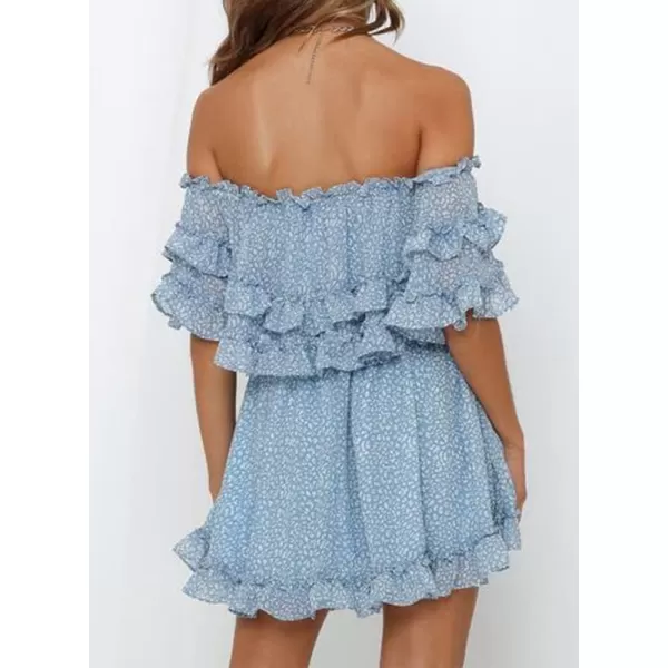 Dokotoo Womens 2023 Summer Floral Print Off The Shoulder Elastic Waist Boho Mini Dresses