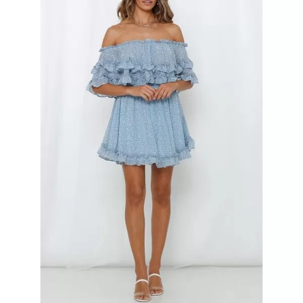 Dokotoo Womens 2023 Summer Floral Print Off The Shoulder Elastic Waist Boho Mini Dresses