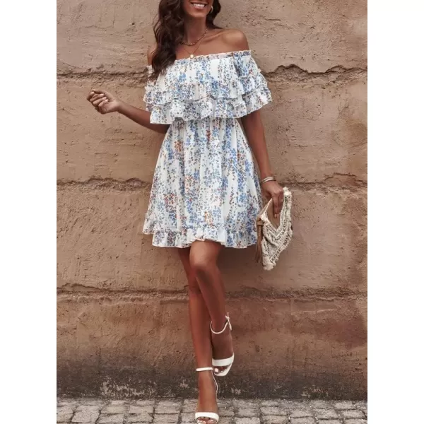 Dokotoo Womens 2023 Summer Floral Print Off The Shoulder Elastic Waist Boho Mini Dresses