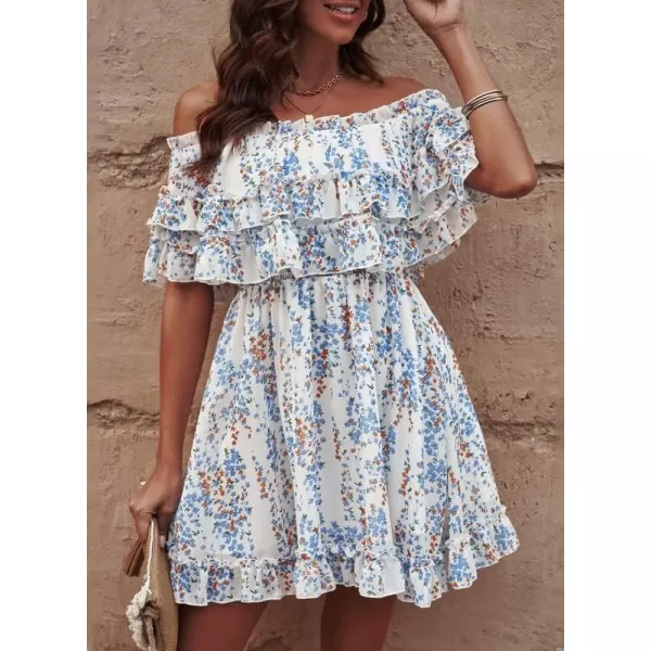 Dokotoo Womens 2023 Summer Floral Print Off The Shoulder Elastic Waist Boho Mini Dresses