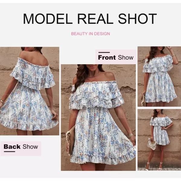 Dokotoo Womens 2023 Summer Floral Print Off The Shoulder Elastic Waist Boho Mini Dresses