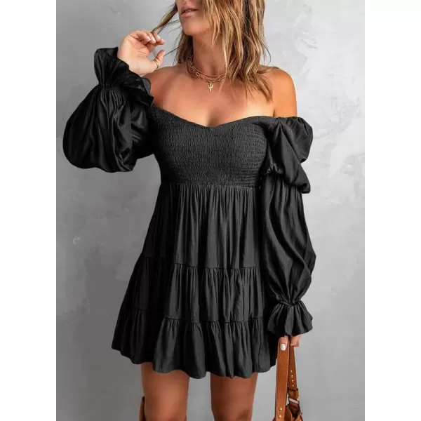 Dokotoo Womens 2023 Summer Spring Elegant Off The Shoulder V Neck Long Sleeve Ruffle Flowy Mini Short Skater Dresses