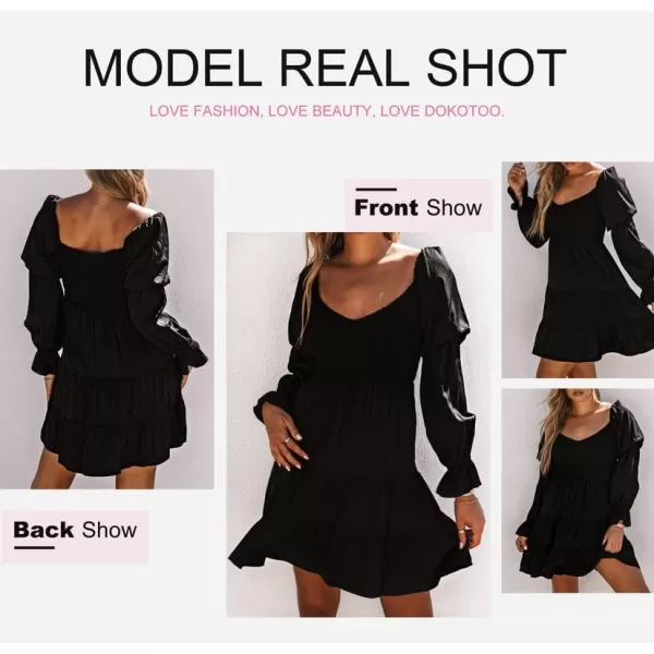 Dokotoo Womens 2023 Summer Spring Elegant Off The Shoulder V Neck Long Sleeve Ruffle Flowy Mini Short Skater Dresses