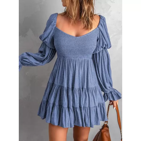 Dokotoo Womens 2023 Summer Spring Elegant Off The Shoulder V Neck Long Sleeve Ruffle Flowy Mini Short Skater Dresses