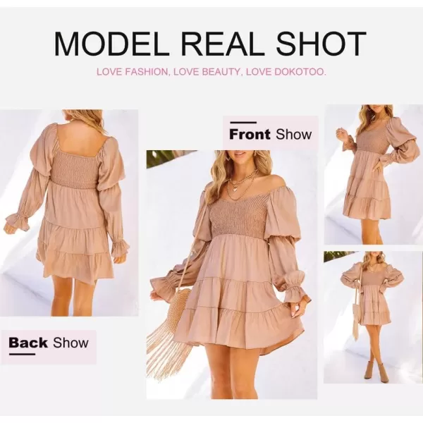 Dokotoo Womens 2023 Summer Spring Elegant Off The Shoulder V Neck Long Sleeve Ruffle Flowy Mini Short Skater Dresses