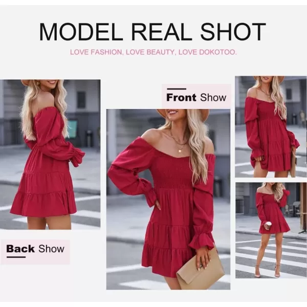 Dokotoo Womens 2023 Summer Spring Elegant Off The Shoulder V Neck Long Sleeve Ruffle Flowy Mini Short Skater Dresses