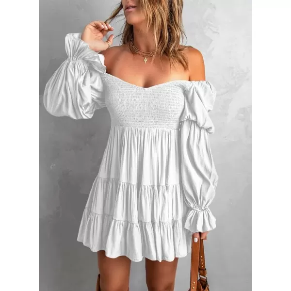 Dokotoo Womens 2023 Summer Spring Elegant Off The Shoulder V Neck Long Sleeve Ruffle Flowy Mini Short Skater Dresses