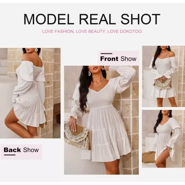 Dokotoo Womens 2023 Summer Spring Elegant Off The Shoulder V Neck Long Sleeve Ruffle Flowy Mini Short Skater Dresses