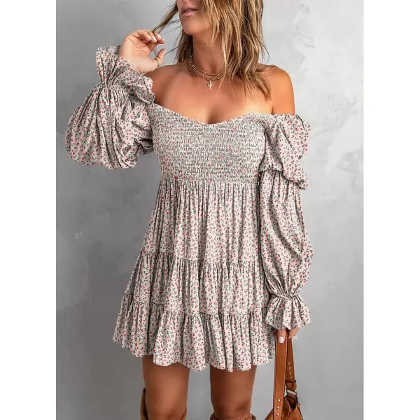 Dokotoo Womens 2023 Summer Spring Elegant Off The Shoulder V Neck Long Sleeve Ruffle Flowy Mini Short Skater Dresses