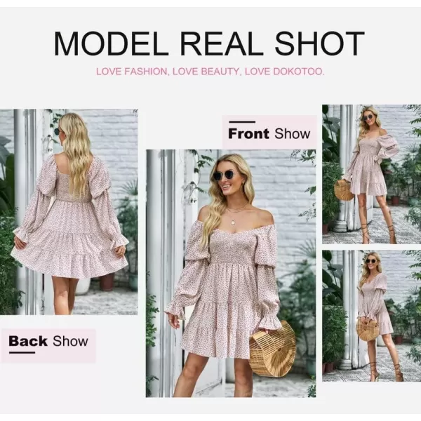 Dokotoo Womens 2023 Summer Spring Elegant Off The Shoulder V Neck Long Sleeve Ruffle Flowy Mini Short Skater Dresses