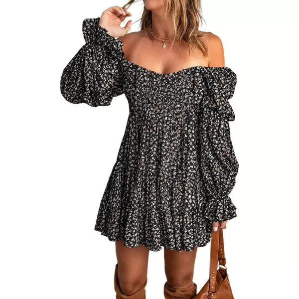 Dokotoo Womens 2023 Summer Spring Elegant Off The Shoulder V Neck Long Sleeve Ruffle Flowy Mini Short Skater Dresses