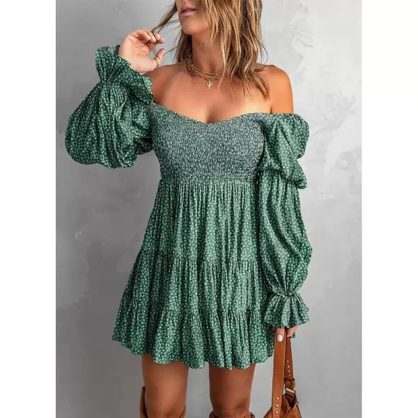 Dokotoo Womens 2023 Summer Spring Elegant Off The Shoulder V Neck Long Sleeve Ruffle Flowy Mini Short Skater Dresses