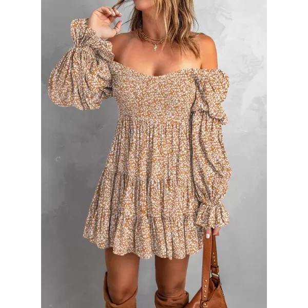Dokotoo Womens 2023 Summer Spring Elegant Off The Shoulder V Neck Long Sleeve Ruffle Flowy Mini Short Skater Dresses