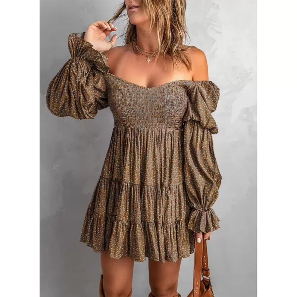 Dokotoo Womens 2023 Summer Spring Elegant Off The Shoulder V Neck Long Sleeve Ruffle Flowy Mini Short Skater Dresses