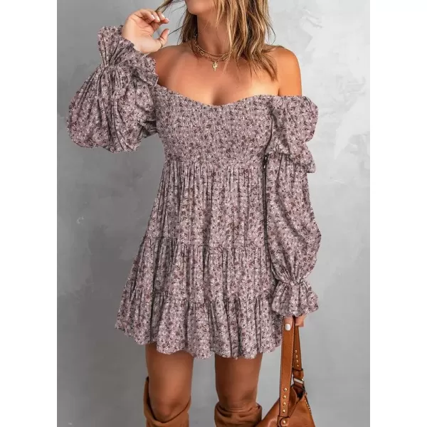 Dokotoo Womens 2023 Summer Spring Elegant Off The Shoulder V Neck Long Sleeve Ruffle Flowy Mini Short Skater Dresses