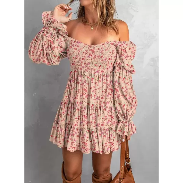 Dokotoo Womens 2023 Summer Spring Elegant Off The Shoulder V Neck Long Sleeve Ruffle Flowy Mini Short Skater Dresses