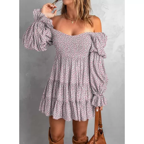 Dokotoo Womens 2023 Summer Spring Elegant Off The Shoulder V Neck Long Sleeve Ruffle Flowy Mini Short Skater Dresses