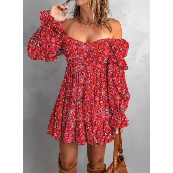 Dokotoo Womens 2023 Summer Spring Elegant Off The Shoulder V Neck Long Sleeve Ruffle Flowy Mini Short Skater Dresses