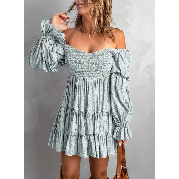 Dokotoo Womens 2023 Summer Spring Elegant Off The Shoulder V Neck Long Sleeve Ruffle Flowy Mini Short Skater Dresses