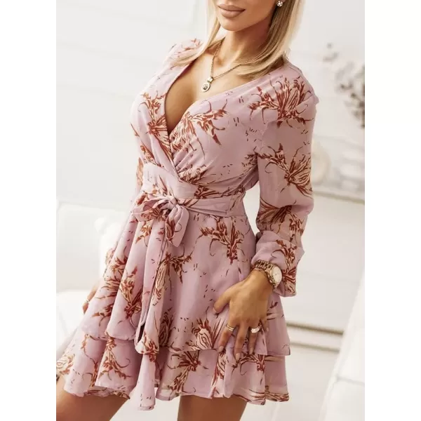 Dokotoo Womens 2023 Summer Spring V Neck Ruffle Chiffon Elegant Tie Knot Mini Short Swing Skater Dresses