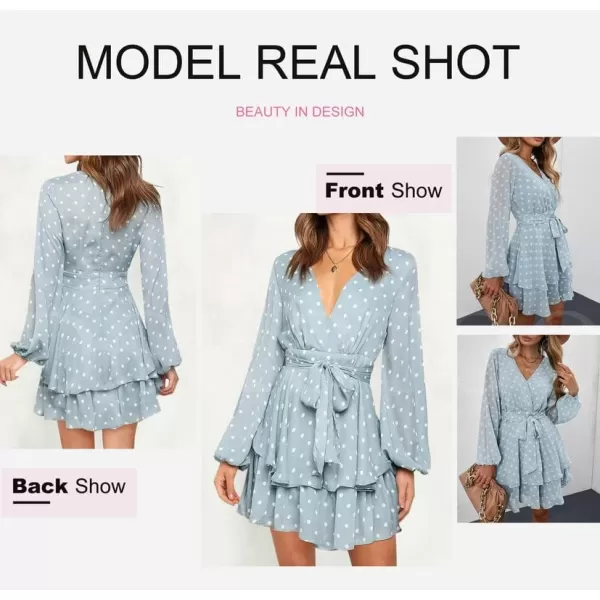 Dokotoo Womens 2023 Summer Spring V Neck Ruffle Chiffon Elegant Tie Knot Mini Short Swing Skater Dresses