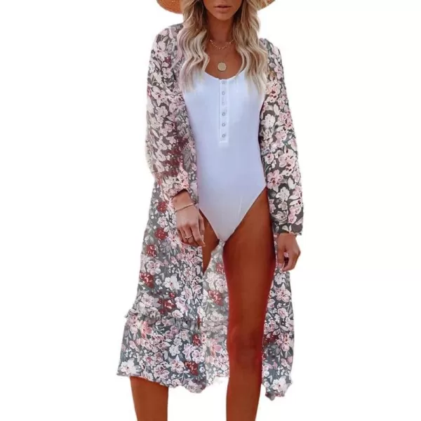 Dokotoo Womens Beach Cover Ups Long Sleeve Open Front Ruffle Trim Floral Boho Lightweight Summer Cardigans