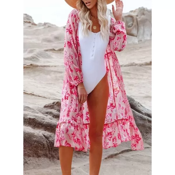 Dokotoo Womens Beach Cover Ups Long Sleeve Open Front Ruffle Trim Floral Boho Lightweight Summer Cardigans