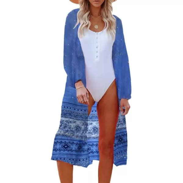 Dokotoo Womens Beach Cover Ups Long Sleeve Open Front Ruffle Trim Floral Boho Lightweight Summer Cardigans