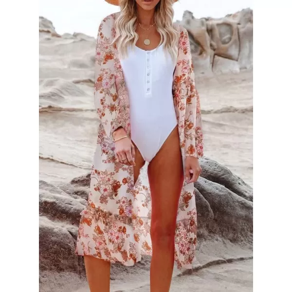Dokotoo Womens Beach Cover Ups Long Sleeve Open Front Ruffle Trim Floral Boho Lightweight Summer Cardigans