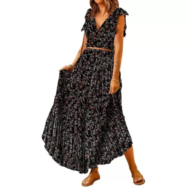 Dokotoo Women's Boho Dress Deep V Neck 2 Piece Skirt Sets Ruffle Cap Sleeve Tie Waist Wrap Chiffon Flowy Maxi Dresses