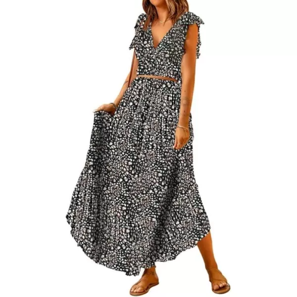 Dokotoo Women's Boho Dress Deep V Neck 2 Piece Skirt Sets Ruffle Cap Sleeve Tie Waist Wrap Chiffon Flowy Maxi Dresses