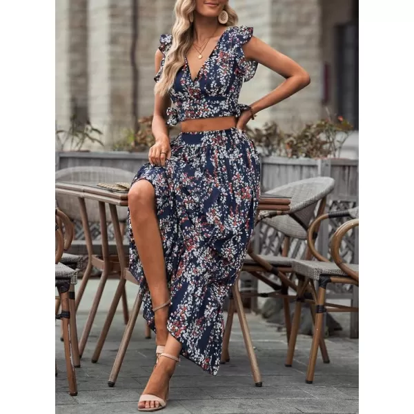 Dokotoo Women's Boho Dress Deep V Neck 2 Piece Skirt Sets Ruffle Cap Sleeve Tie Waist Wrap Chiffon Flowy Maxi Dresses