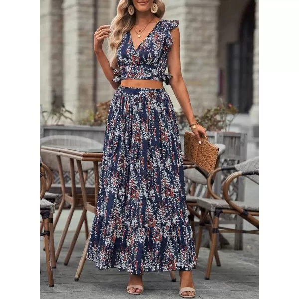 Dokotoo Women's Boho Dress Deep V Neck 2 Piece Skirt Sets Ruffle Cap Sleeve Tie Waist Wrap Chiffon Flowy Maxi Dresses