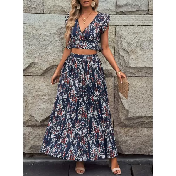 Dokotoo Women's Boho Dress Deep V Neck 2 Piece Skirt Sets Ruffle Cap Sleeve Tie Waist Wrap Chiffon Flowy Maxi Dresses
