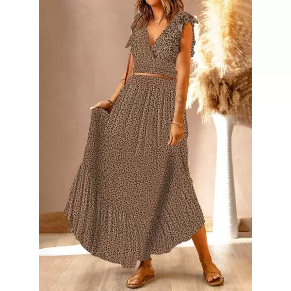 Dokotoo Women's Boho Dress Deep V Neck 2 Piece Skirt Sets Ruffle Cap Sleeve Tie Waist Wrap Chiffon Flowy Maxi Dresses