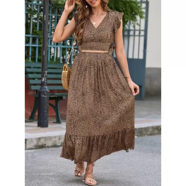 Dokotoo Women's Boho Dress Deep V Neck 2 Piece Skirt Sets Ruffle Cap Sleeve Tie Waist Wrap Chiffon Flowy Maxi Dresses