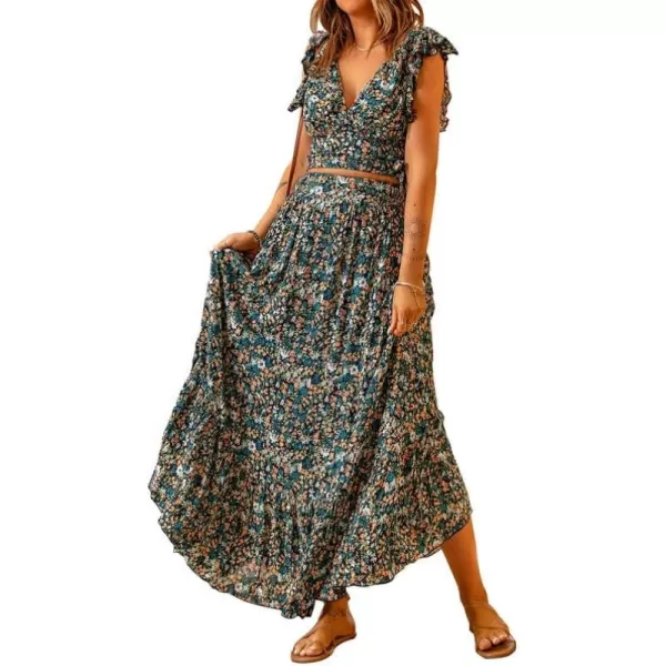 Dokotoo Women's Boho Dress Deep V Neck 2 Piece Skirt Sets Ruffle Cap Sleeve Tie Waist Wrap Chiffon Flowy Maxi Dresses