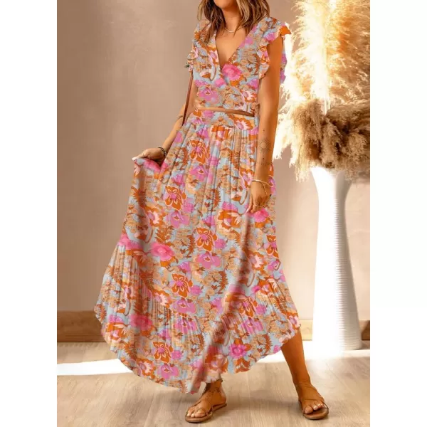 Dokotoo Women's Boho Dress Deep V Neck 2 Piece Skirt Sets Ruffle Cap Sleeve Tie Waist Wrap Chiffon Flowy Maxi Dresses
