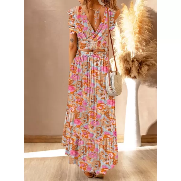 Dokotoo Women's Boho Dress Deep V Neck 2 Piece Skirt Sets Ruffle Cap Sleeve Tie Waist Wrap Chiffon Flowy Maxi Dresses