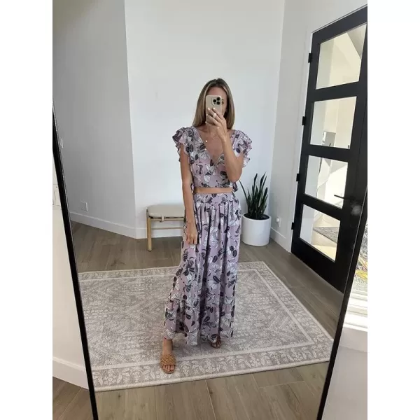 Dokotoo Women's Boho Dress Deep V Neck 2 Piece Skirt Sets Ruffle Cap Sleeve Tie Waist Wrap Chiffon Flowy Maxi Dresses