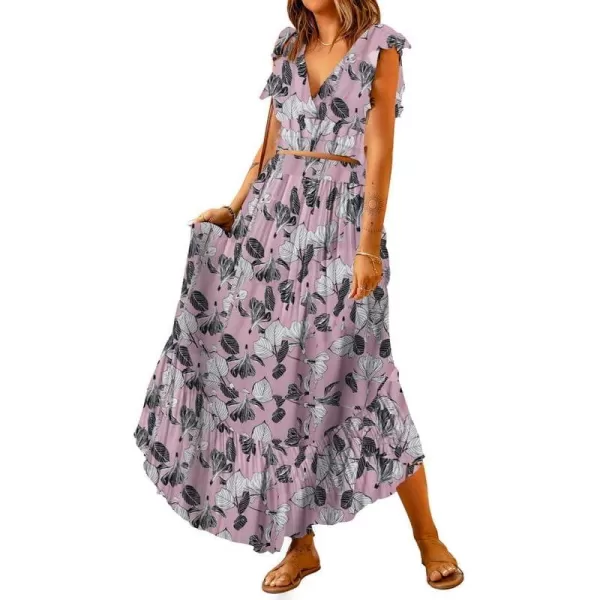 Dokotoo Women's Boho Dress Deep V Neck 2 Piece Skirt Sets Ruffle Cap Sleeve Tie Waist Wrap Chiffon Flowy Maxi Dresses